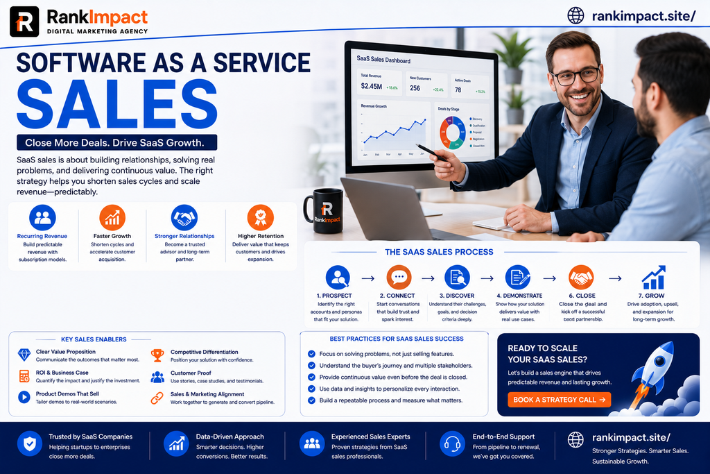 Sales team closing a software as a service sales deal in a modern office.