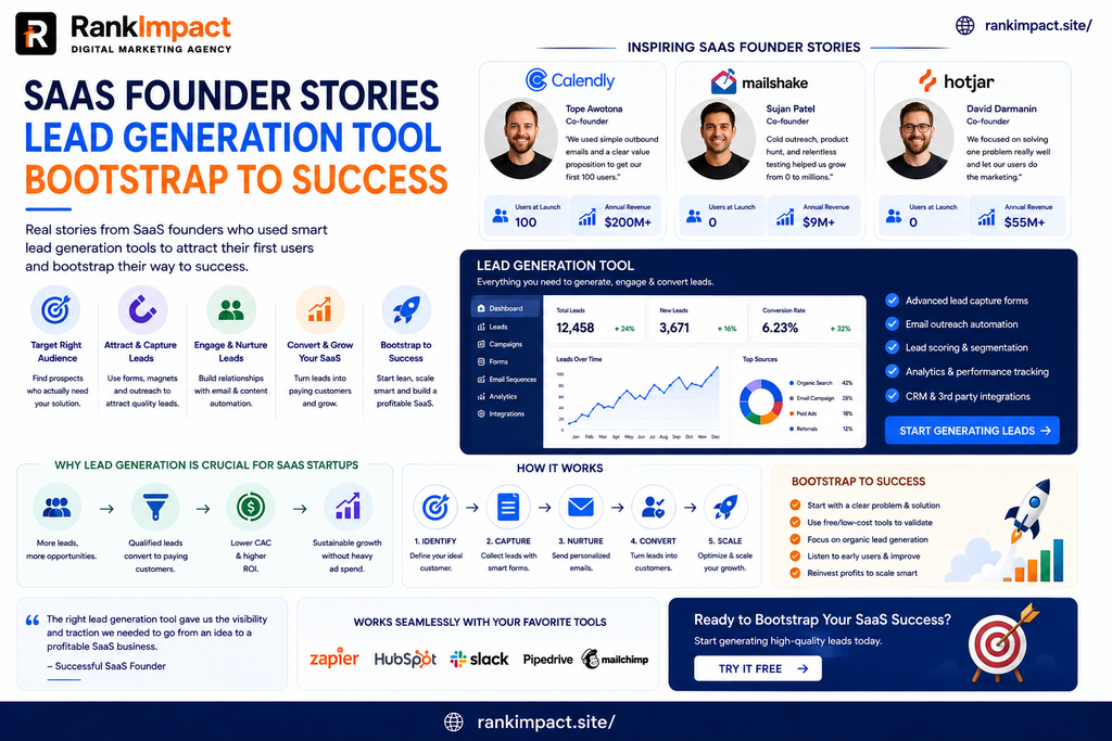 Saas founder stories lead generation tool bootstrap to success infographic timeline.
